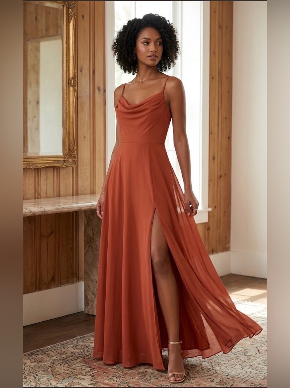DB studio Elegant terracotta-colored party dress with draped neckline size 2